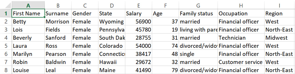 A simple data table from Microsoft Excel