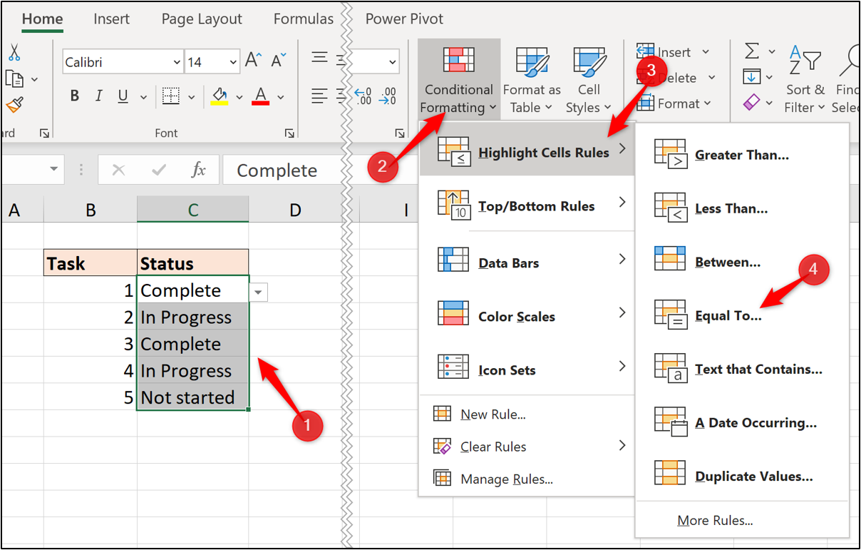 An Excel worksheet showing the process for applying conditional formatting. 1: Click on the home icon, 2: Click on the conditional formatting icon, 3: Select “Highlight cells rules” from the dropdown, and 4: Select “equal to”