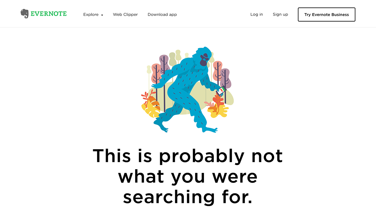 Example of fun microcopy on Evernote 404 error page
