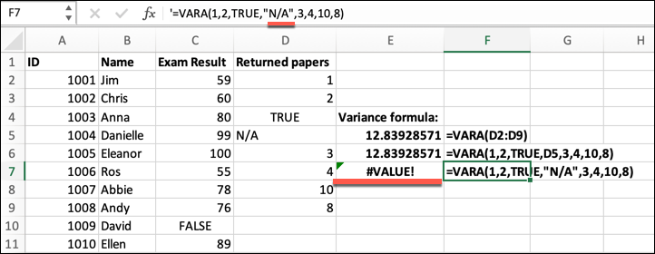 An Excel spreadsheet containing data for student ID, student name, and exam result. The VARA formula has been typed into the formula bar