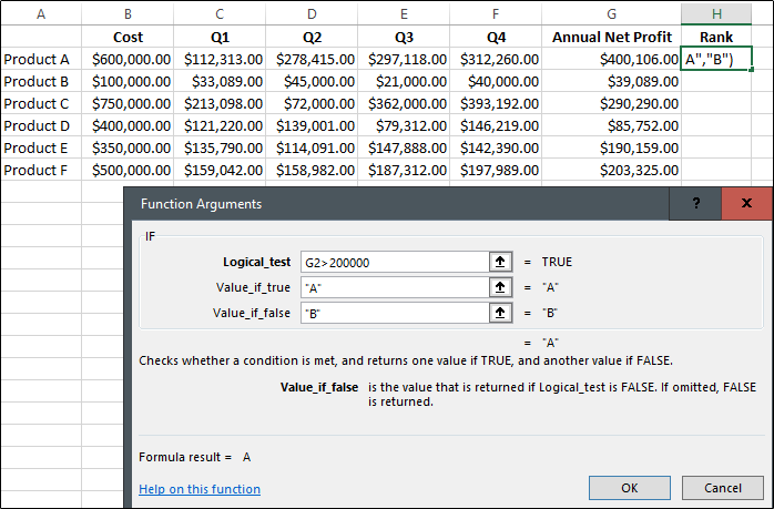 The box used to set IF function arguments in Microsoft Excel