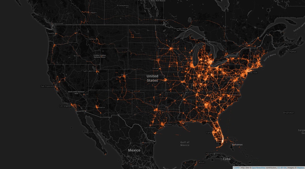 A heatmap showing anonymous phone data collected in Florida during spring break, depicting the spread of the coronavirus