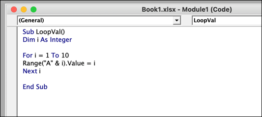 VBA For Loop code in the editor window in Microsoft Excel