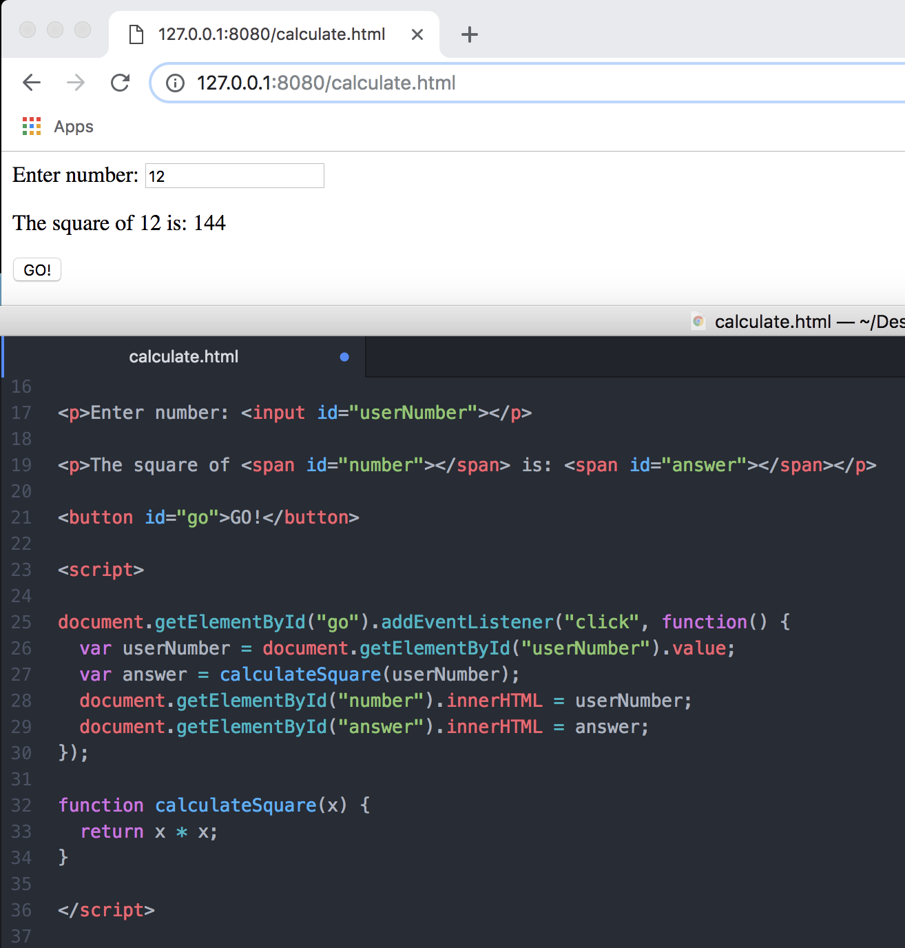 A screenshot showing how JavaScript can be used to calculate and display a simple math problem