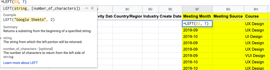 An example of the LEFT/RIGHT formula in Excel