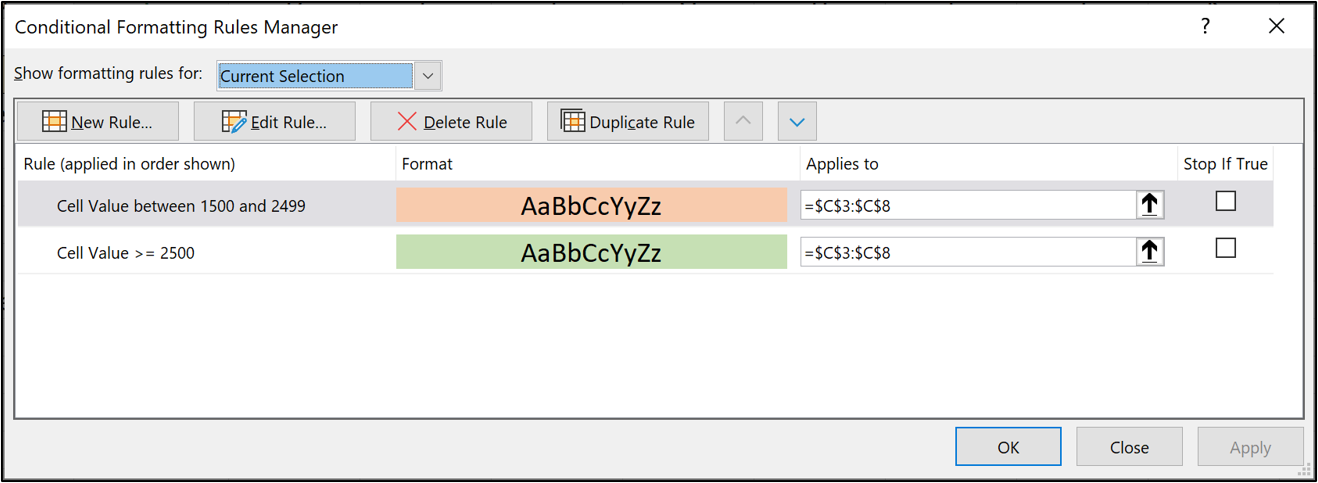 The conditional formatting rules manager window in Microsoft Excel