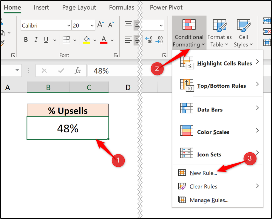 An Excel worksheet with a cell highlighted. The "new rule" option has been selected from the "conditional formatting" dropdown.