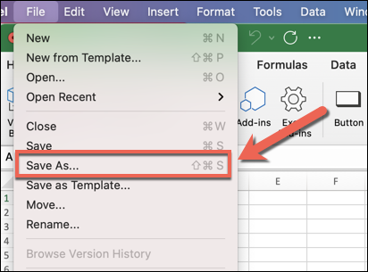 The Microsoft Excel toolbar with file, save as, selected.