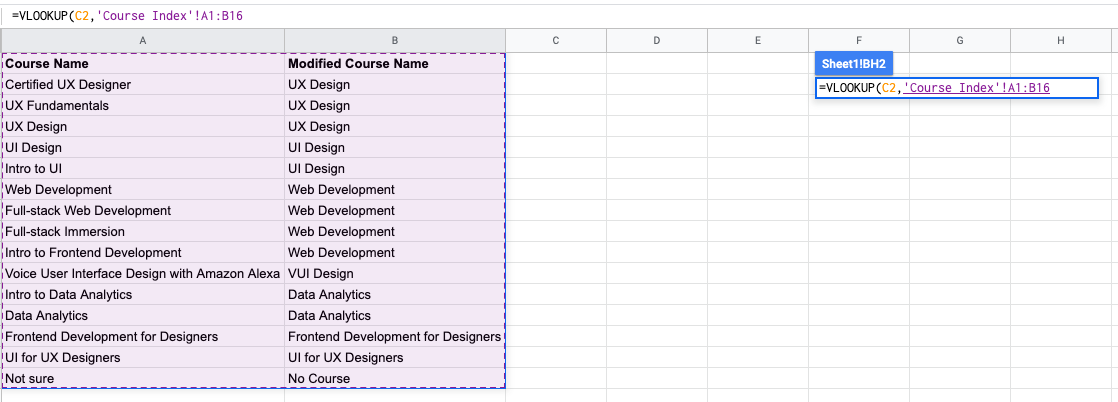 Example of VLOOKUP on Excel